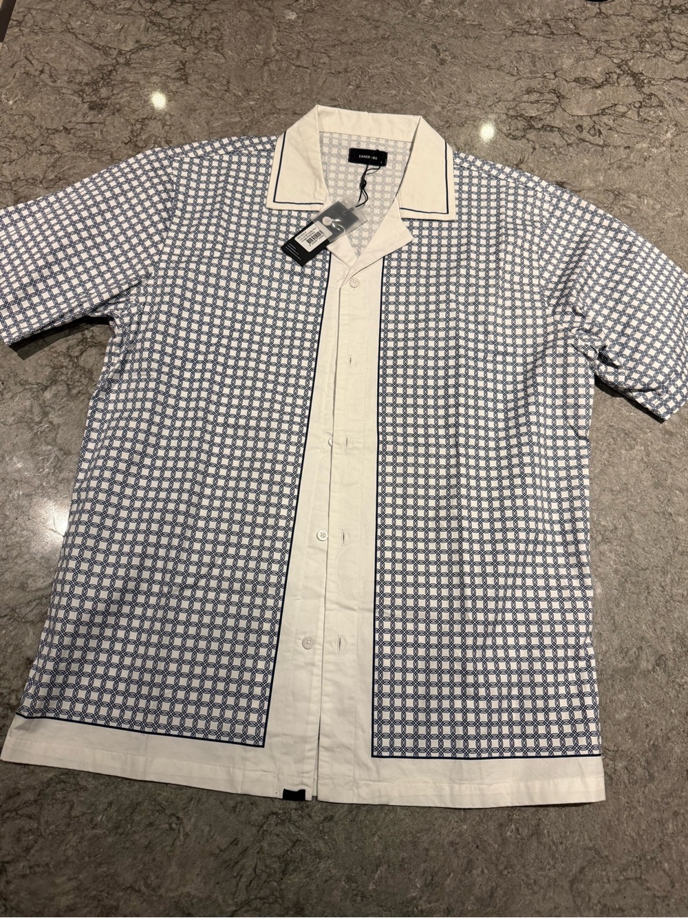 Men's Short Sleeve Blue Patterned Camp Shirt by Zanerobe
